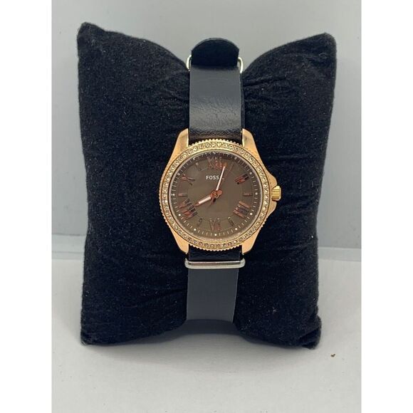 Fossil AM4615 Women's Black Leather Analog Brown Dial Quartz Genuine Watch JD398 - Picture 1 of 11
